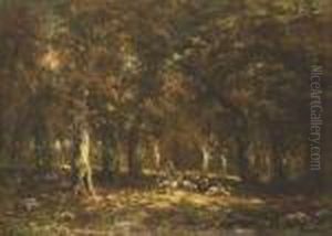 Woods Inside With A Flock Of Sheep by Charles Emile Jacque