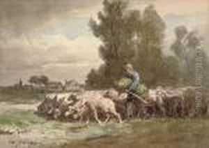 Leading The Flock To Pasture by Charles Emile Jacque