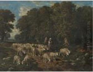 A Shepherdess With Her Flock by Charles Emile Jacque