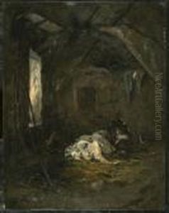 Kuh Im Stall. by Charles Emile Jacque
