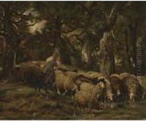 A Shepherd And His Flock Stopping To Drink by Charles Emile Jacque