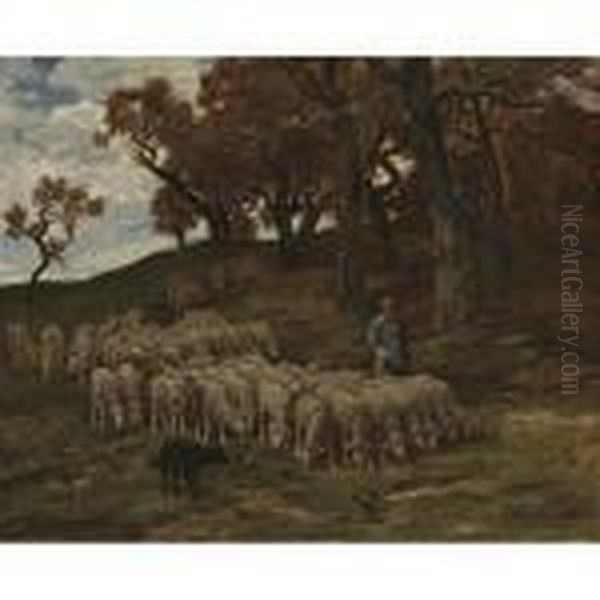 A Shepherd With His Flock In The Woods - view 1
