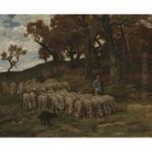 A Shepherd With His Flock In The Woods by Charles Emile Jacque