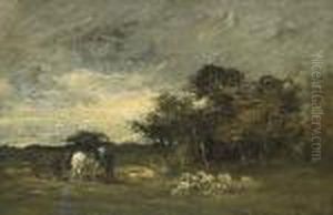 A Windy Landscape With Two Horses, A Figure, A Plow And A Flock Of Sheep by Charles Emile Jacque
