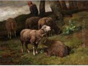 Shepherdess With Her Flock by Charles Emile Jacque