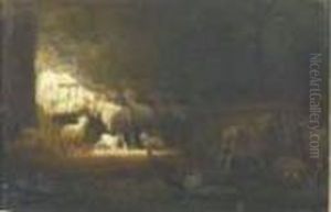 Sheep And Chickens In A Barn by Charles Emile Jacque