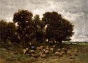 Hirtin Mit Schafherde Am Waldrand. 1872. by Charles Emile Jacque