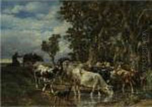 Troupeau De Vaches A L'abreuvoir by Charles Emile Jacque