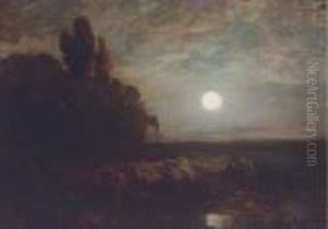 A Shepherd With His Flock Under Moonlight by Charles Emile Jacque