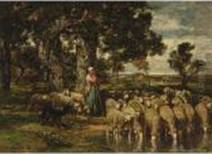 A Shepherdess With Her Flock by Charles Emile Jacque
