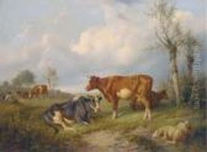 A Shepherd And His Dog With Cattle And Sheep In A Field by Charles Emile Jacque