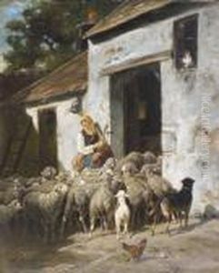 Hirtin Mit Ihrer Schafherde. (690a) by Charles Emile Jacque