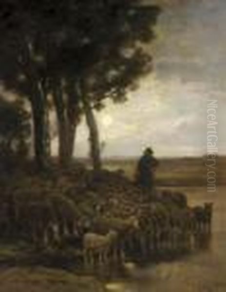 A Shepherd And His Flock In A Moonlight Landscape - view 1