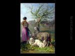 Junge Schaferin Mit Schafen Unter Einem Blutenbaum by Charles Emile Jacque