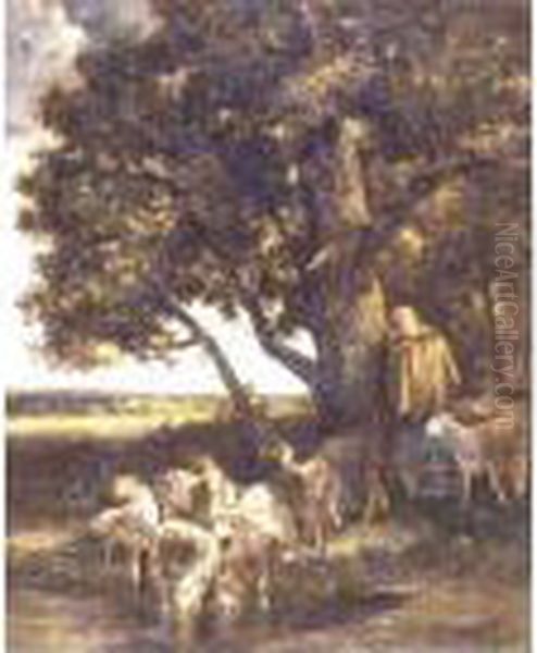 A Shepherdess With Her Flock By A Pool - view 1