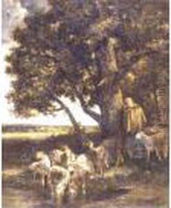 A Shepherdess With Her Flock By A Pool by Charles Emile Jacque