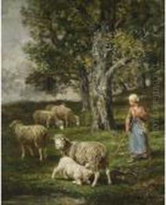 A Shepherdess With Her Flock by Charles Emile Jacque