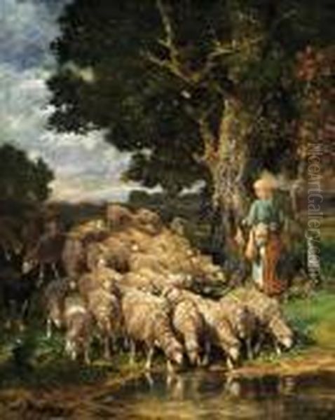 A Shepherdess With Her Flock Near A Stream - view 1