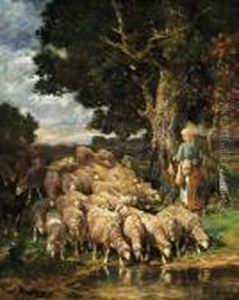A Shepherdess With Her Flock Near A Stream by Charles Emile Jacque