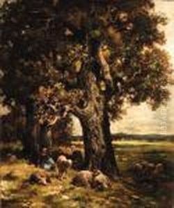 A Shepherdess Resting With Her Flock by Charles Emile Jacque