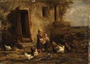 Children Feeding The Chickens by Charles Emile Jacque
