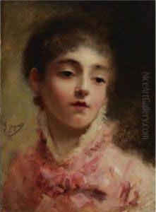 Young Woman In A Pink Dress by Jacquet Gustave