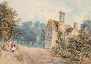 Figures on a country road passing a Tudor manor house