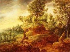 A wooded landscape with a wagon on a path and a church beyond