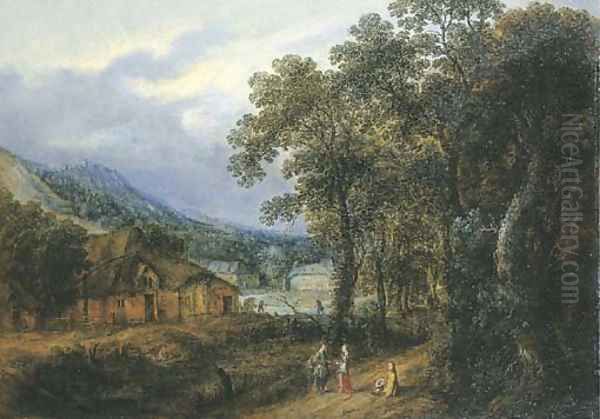 A Wooded Landscape With Figures On A Path, Farmhouses Beyond - view 1