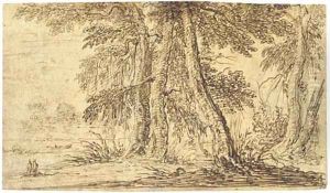 A copse of mature trees with two figures