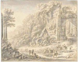 A gateway in the walls of a ruined city with travellers and pack-animals