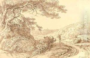 A landscape with a large tree overhanging a track, a traveller and a seated woman to the right by Gilles Neyts