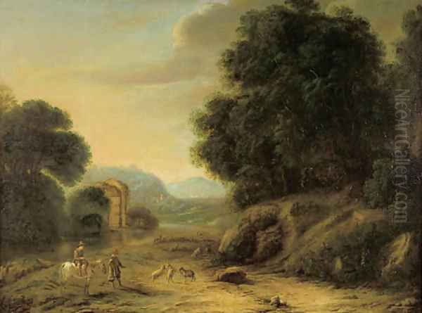 Shepherds on a riverbank in a wooded landscape - view 1