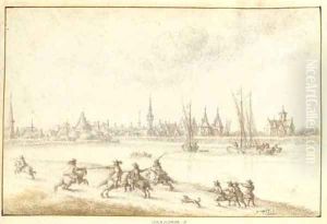 View of Dendermonde seen across the River Schelde, a cavalry skirmish in the foreground by Gilles Neyts