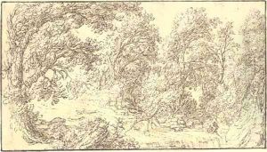 A river through a wood with a nymph fishing at a waterfall by Gilles Neyts