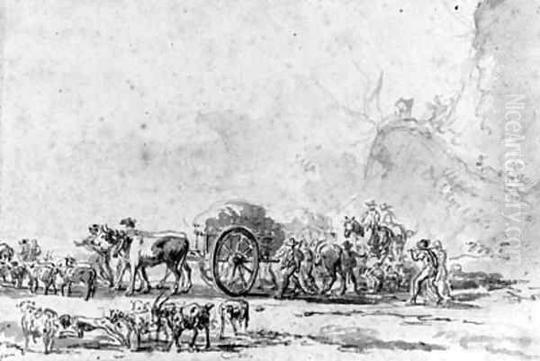 Peasants pulling a haycart with goats in the background, with a subsidiary study of the cart - view 1