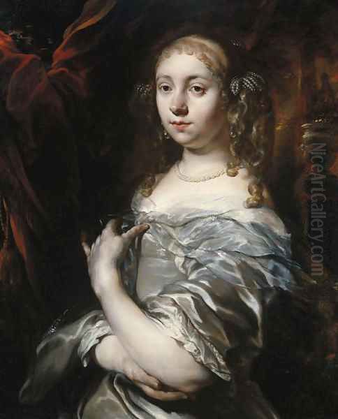 Portrait of a lady, half-length, wearing pearls and a grey satin gown with a blue shawl, an ornamental garden beyond - view 1