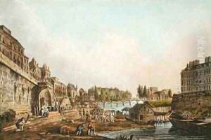 View of the Seine from beneath an Arch of Pont NotreDame 1805 by John Claude Nattes