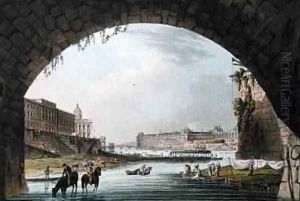 Panorama of the River Seine seen from beneath the Pont Neuf looking West towards the Louvre by John Claude Nattes