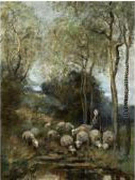 A Sheperdess With Her Flock In The Dunes - view 1