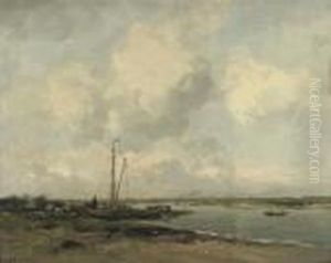 Boating In An Panoramic River Landscape by Willem George Fred. Jansen