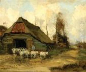 A Shepherd With His Flocknear A Barn by Willem George Fred. Jansen