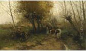 A Cowherdess With Her Cattle On A Country Lane by Willem George Fred. Jansen