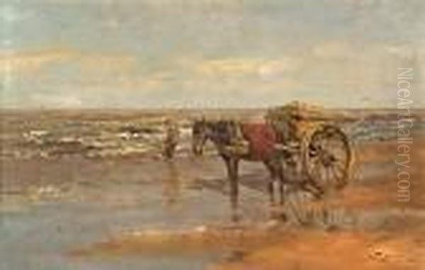 An Extensive Beach Scene With A Figure And A Horse And Cart In The Foreground - view 1