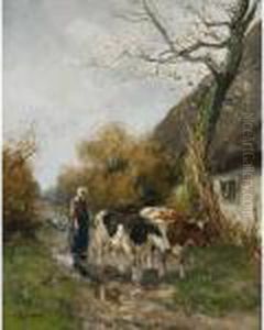 A Peasant Woman With Her Cattle Near A Farm by Willem George Fred. Jansen