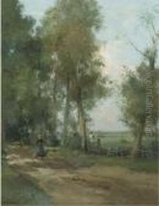 A Peasant Woman On A Wooded Path By A Meadow