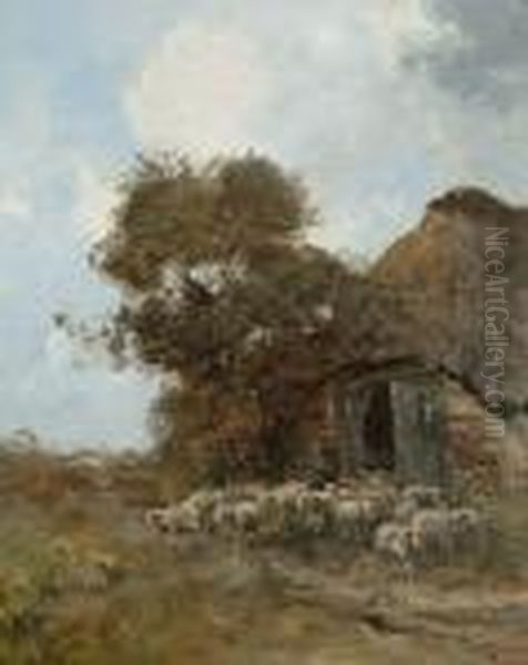 A Drover And Sheep Outside A Barn - view 1