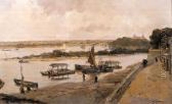 Shipping On The Waal Near Woudrichem, With Loevestein Castlebeyond - view 1