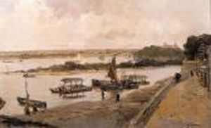 Shipping On The Waal Near Woudrichem, With Loevestein Castlebeyond Shipping On The Waal Near Woudrichem, With Loevestein Castlebeyond