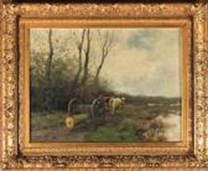 A Forester Hawling Timber In A Wooded Landscape